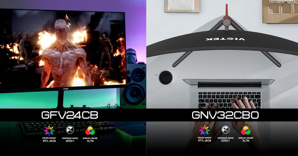 Split image of the GFV24CB (left) and birds-eye-view of the GNV32CBO on a desk.