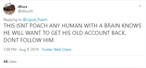 Tweet from user dfucs who doubts the new Poach account's authenticity.