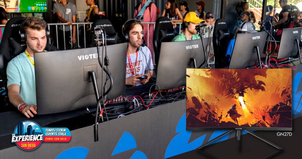 Pro-players at The Experience at SDCC gaming on Viotek GN27D curved gaming monitors.